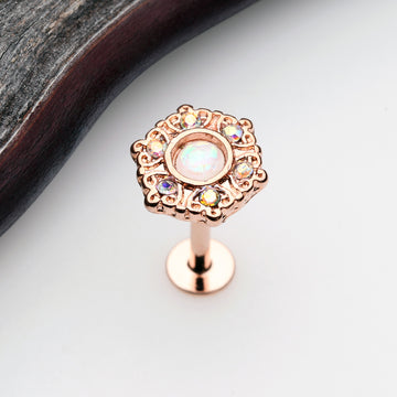 Detail View 1 of Rose Gold Ornate Mandala Sparkle Opal Labret-Aurora Borealis/White
